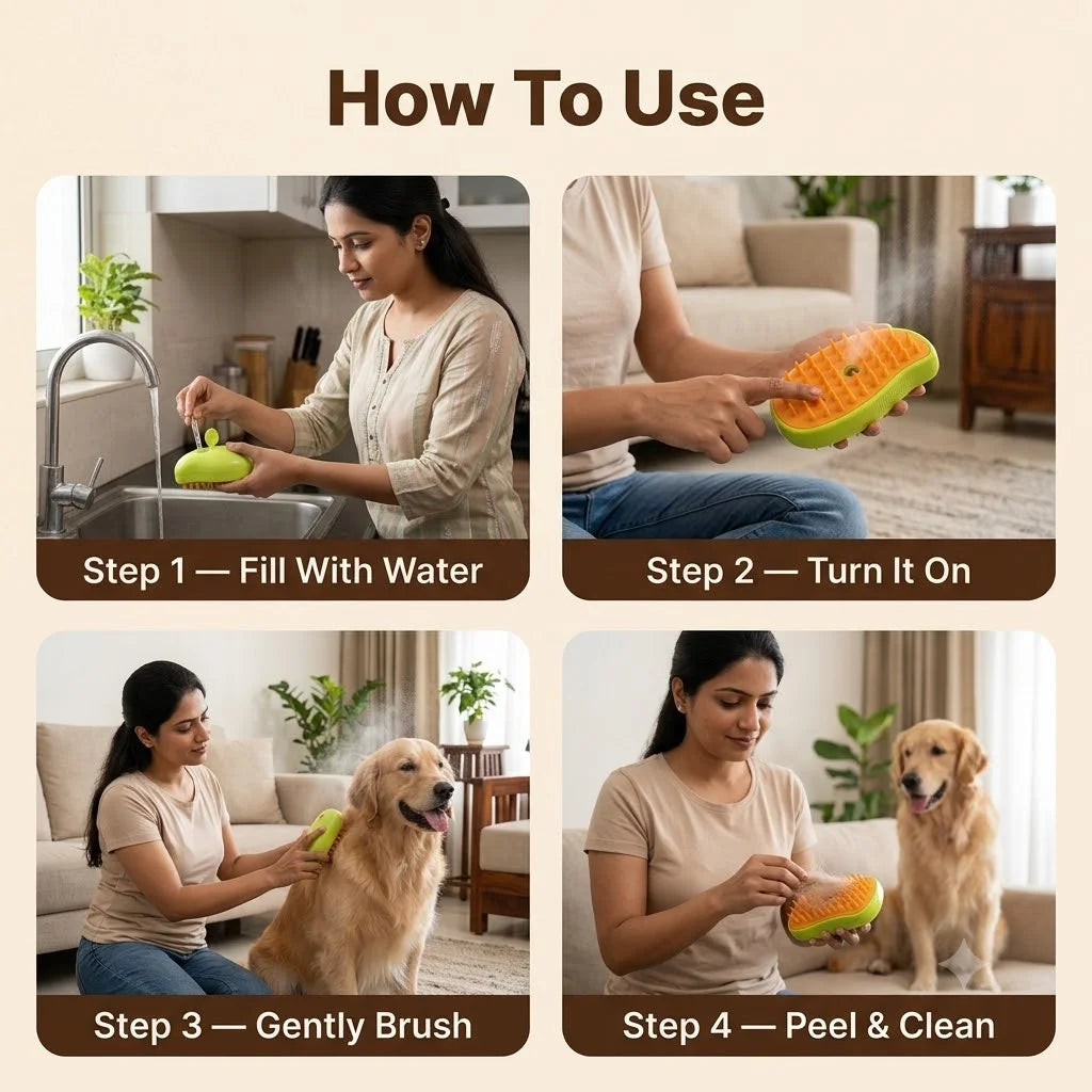 PetSpa™ - Pet Grooming Brush | Steam Spray | | Gentle Massage | Soft Bristles