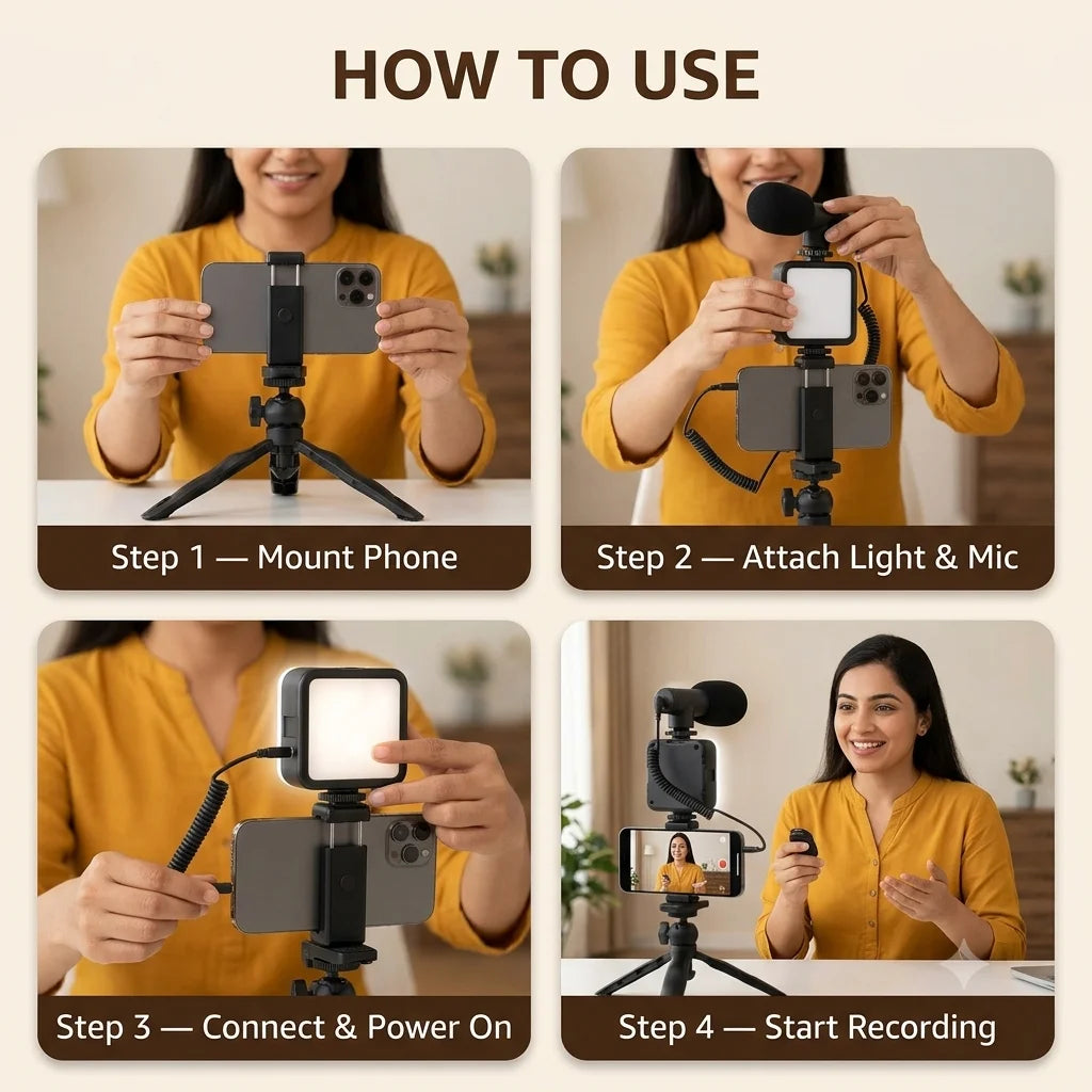 VlogPro - 6-in-1 Vlogging Kit | Flexible Tripod |  LED Light |  Remote Control