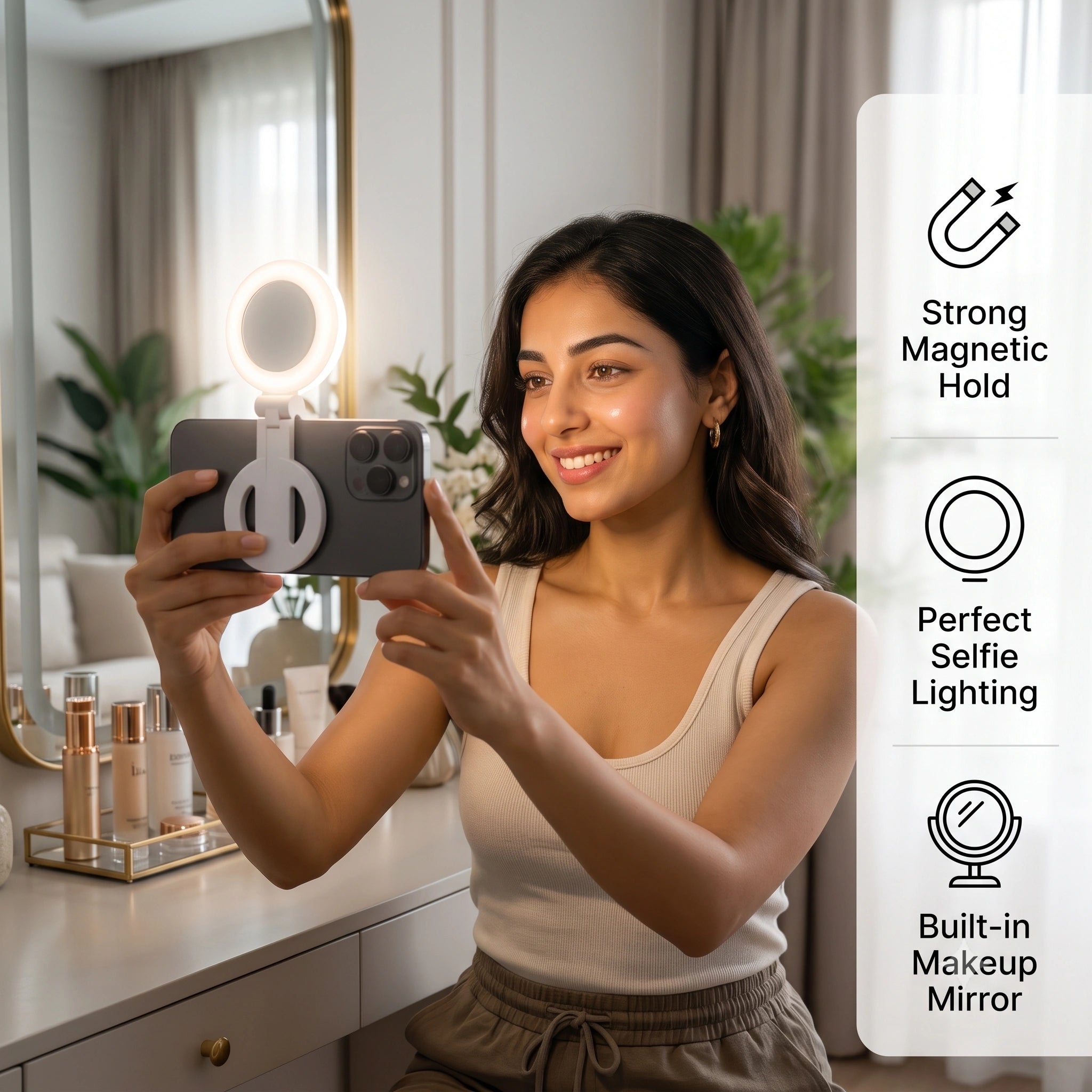 RotateEase™ -Magnetic Selfie LED Light | Built-In Mirror | 3 Light Modes | 360° Rotation