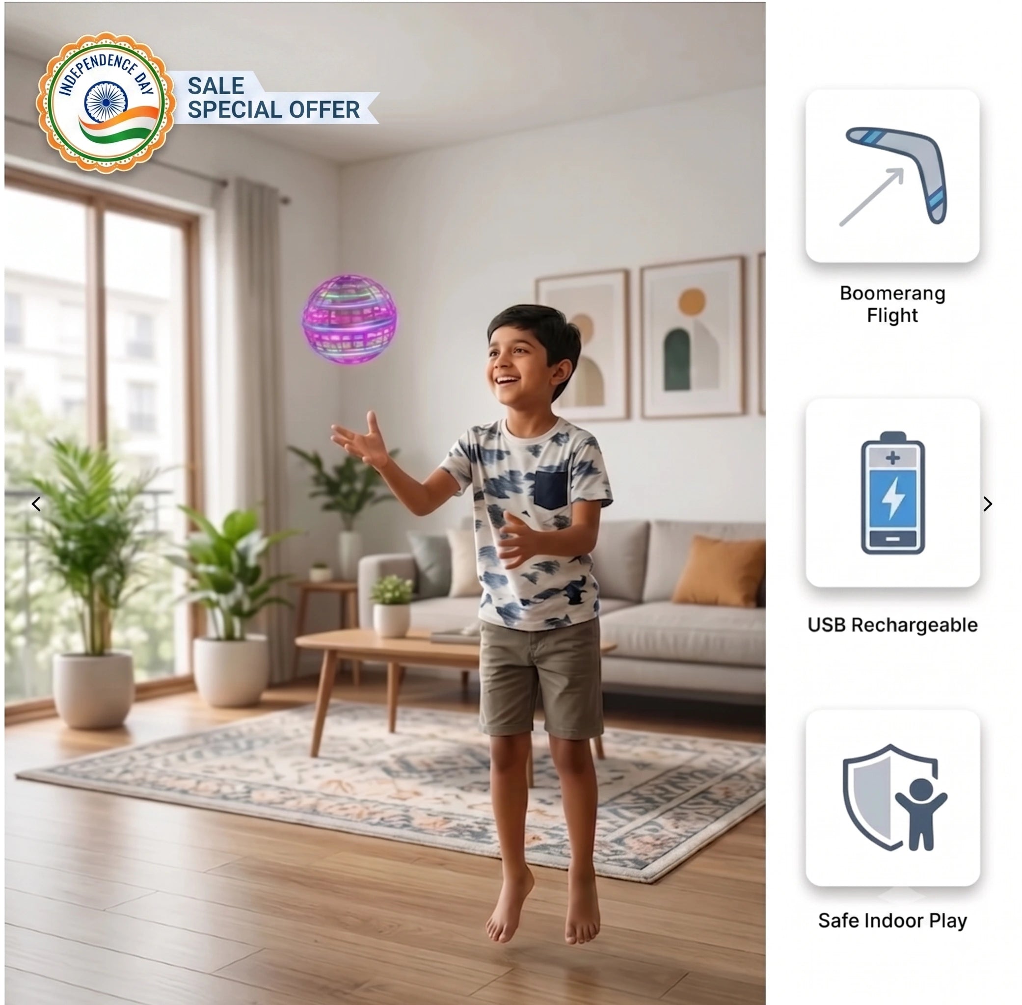 AeroSpin™ - Boomerang LED Ball | Sensor Hover | Auto-Return | Kid Safe