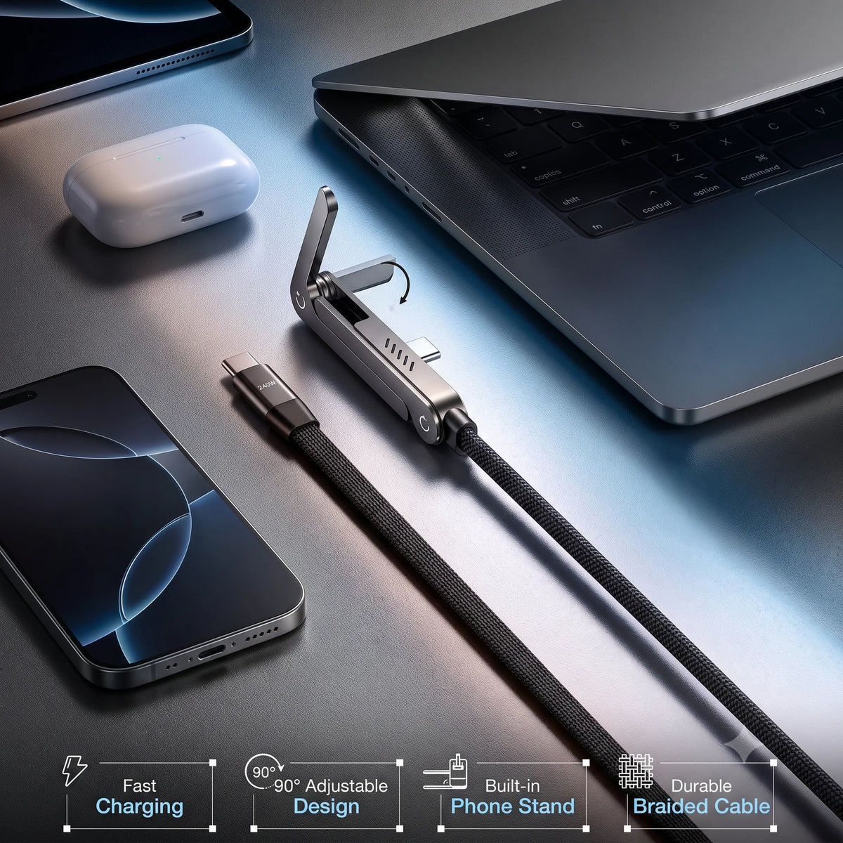 SnapVolt - Braided USB-C Cable | Built-In Phone Stand | Data Transfer