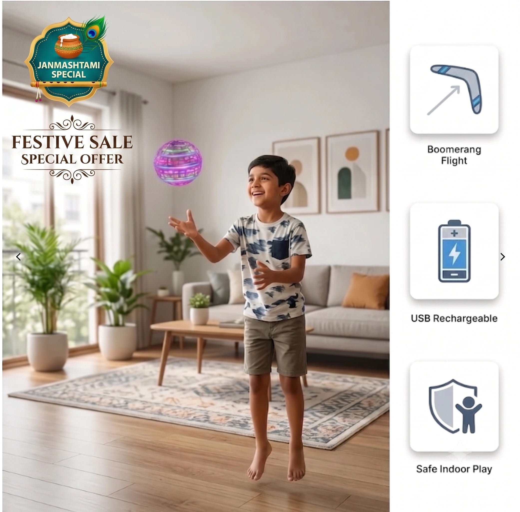 AeroSpin™ - Boomerang LED Ball | Sensor Hover | Auto-Return | Kid Safe