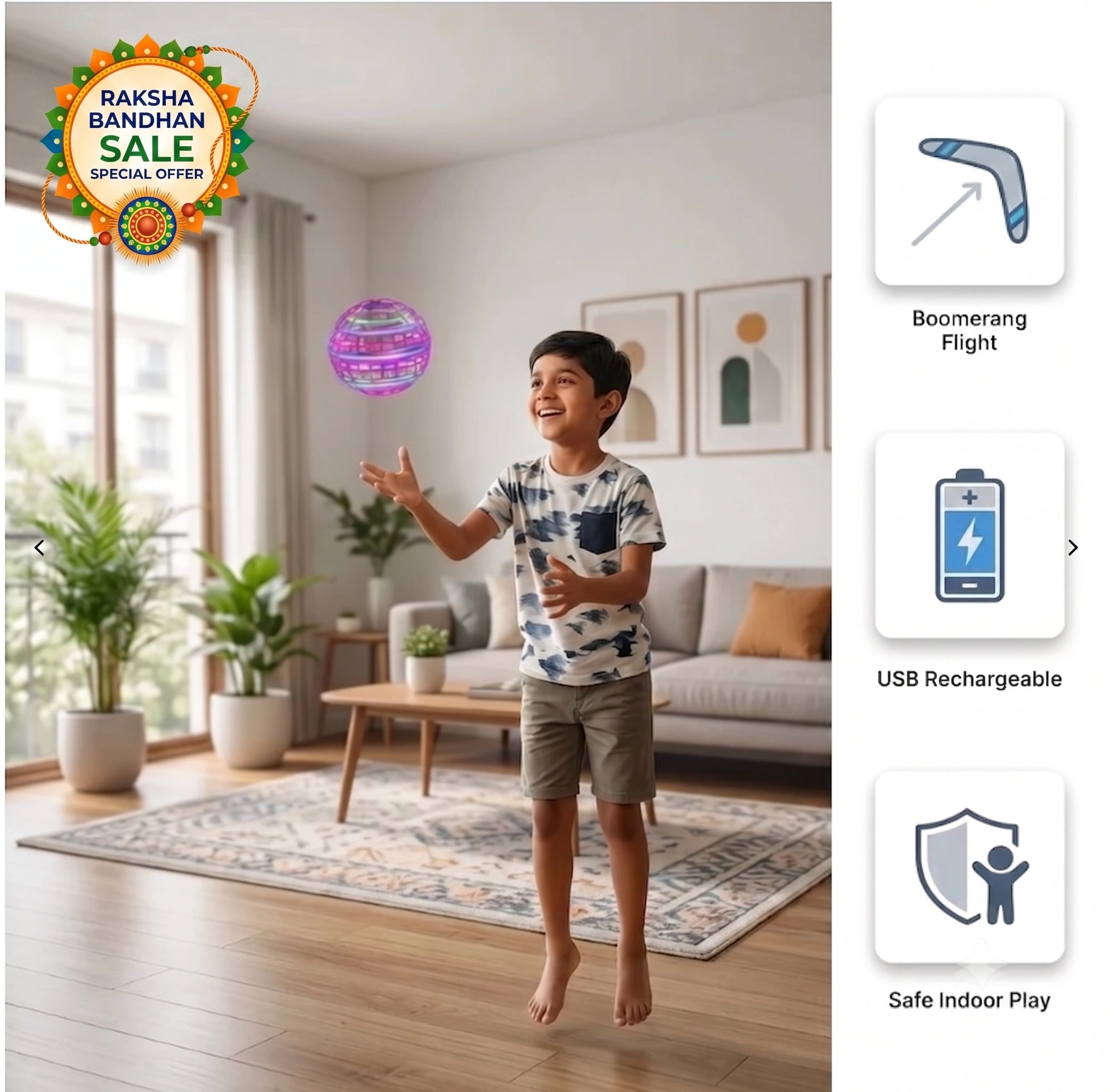 AeroSpin™ - Boomerang LED Ball | Sensor Hover | Auto-Return | Kid Safe