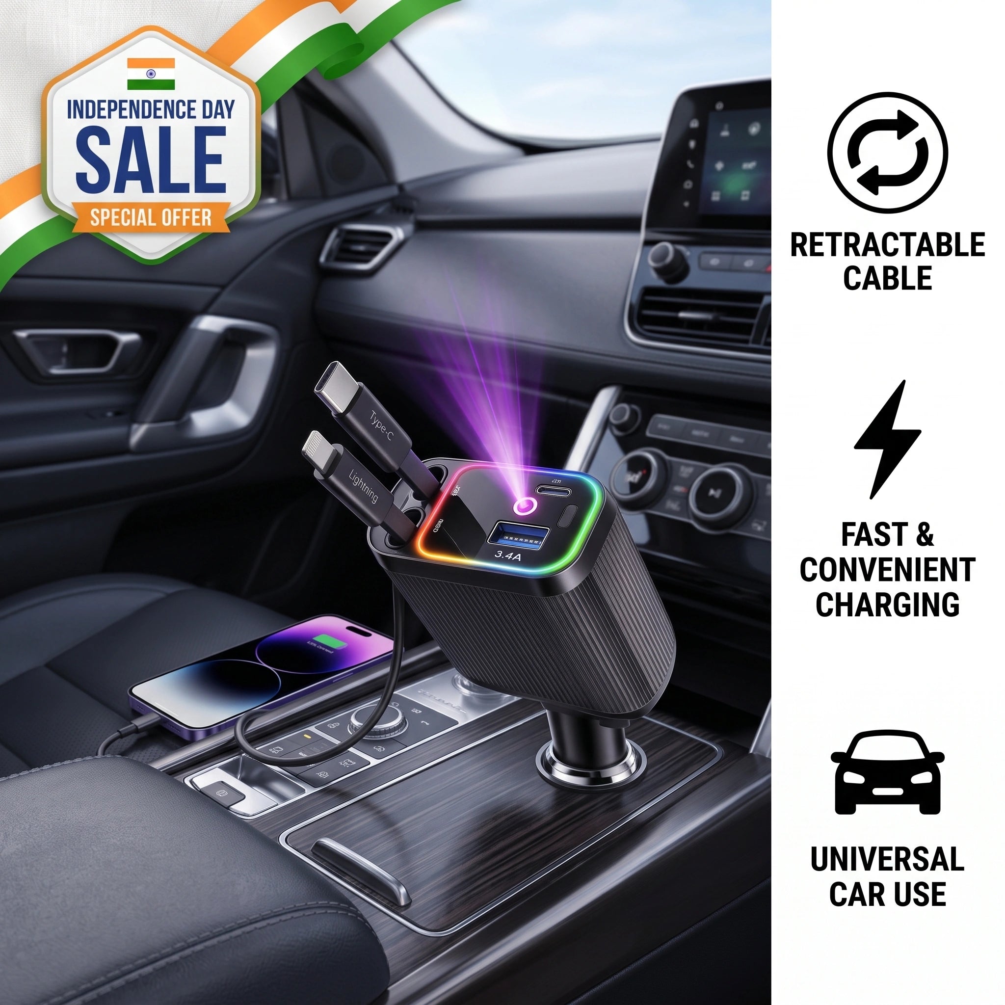 CarChargePro -  4-in-1 Cables | 120W Fast Charger | 180° Rotation