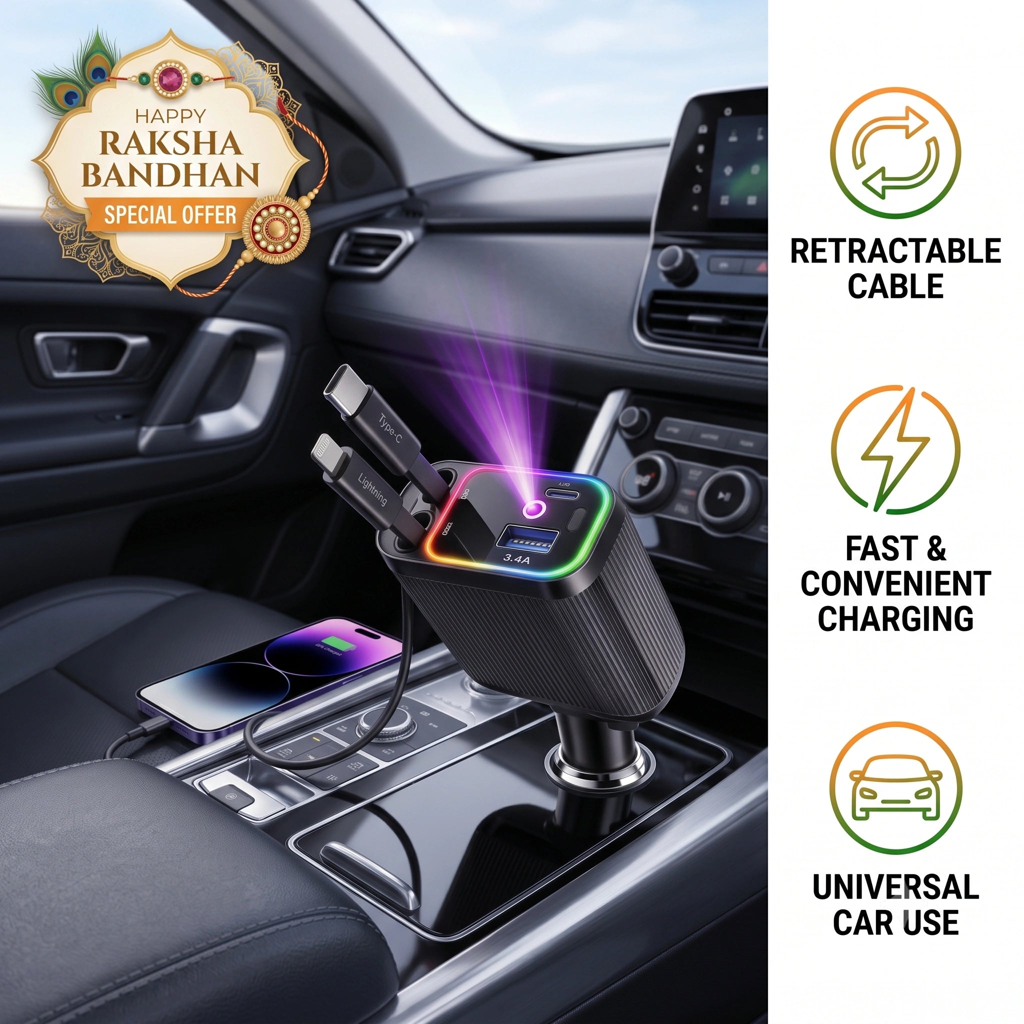 CarChargePro -  4-in-1 Cables | 120W Fast Charger | 180° Rotation