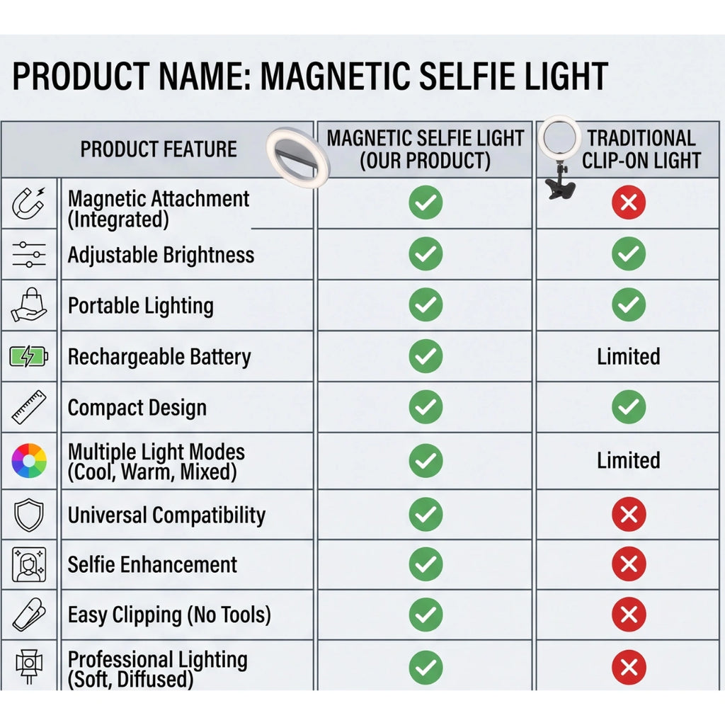 RotateEase -Magnetic Selfie LED Light | Built-In Mirror | 3 Light Modes | 360° Rotation
