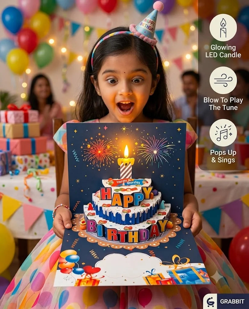 MelodyPop™ - 3D Birthday Card | Music & Lights | Blow-Out LED Candle
